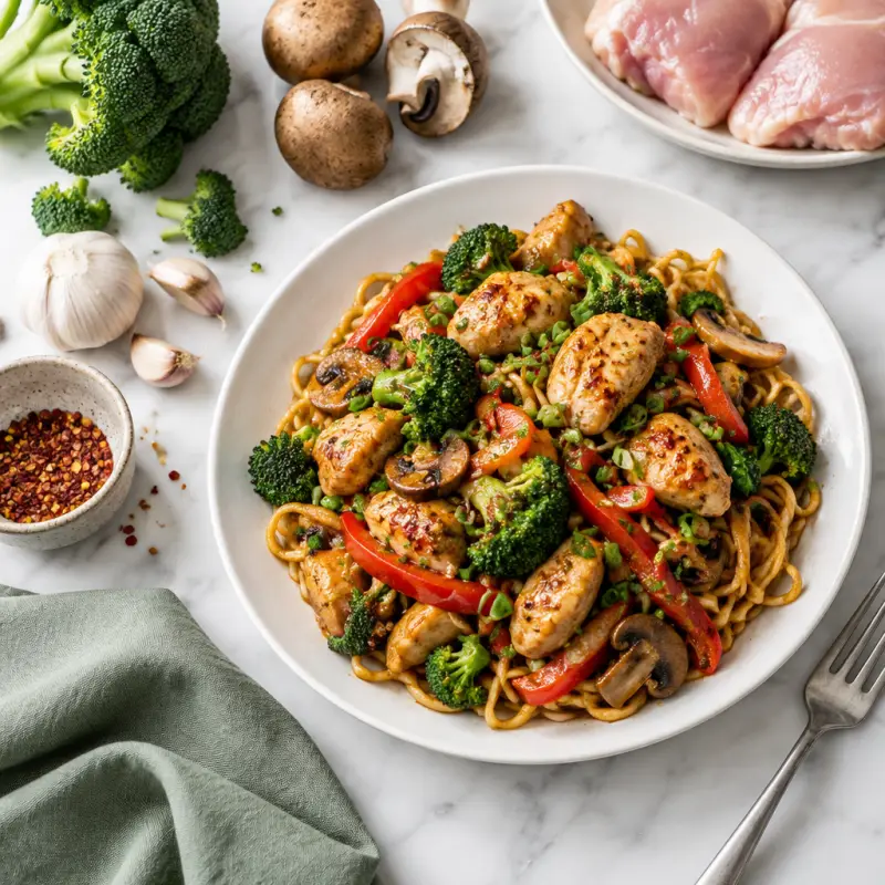 Spicy Chicken Stir-Fry with Noodles, Mushrooms, Bell Pepper & Broccoli, plated