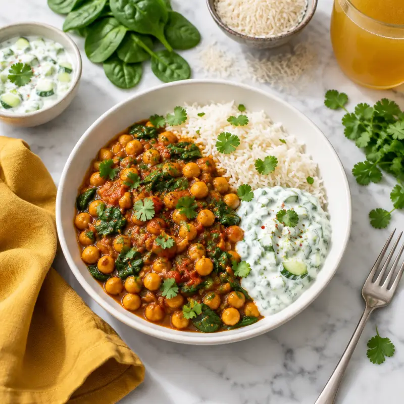 Spicy Chickpea Stew (Chana Masala) with Rice & Cilantro-Lime Raita, plated