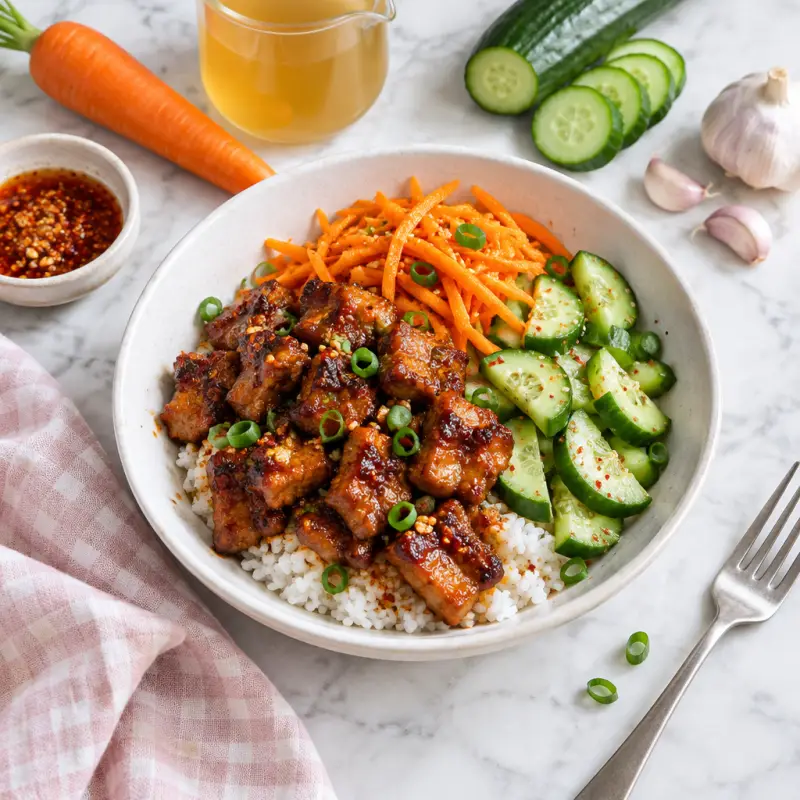 Spicy Chili-Garlic Caramelized Pork Bowl with Carrots, Cucumber & Rice, plated