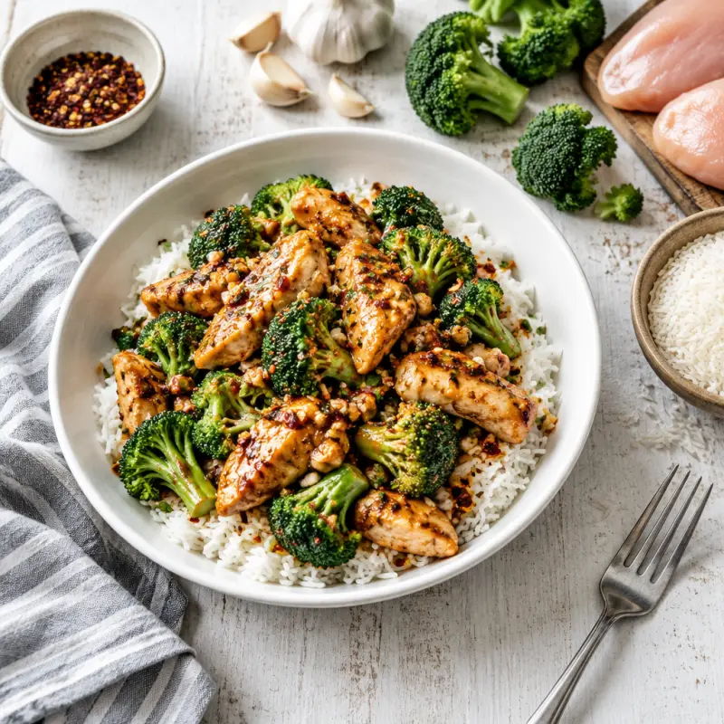 Spicy Chili-Garlic Chicken & Broccoli Rice Bowl, plated