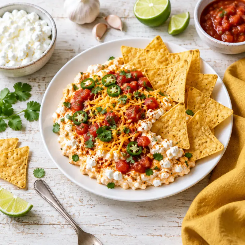 Spicy Cottage Cheese "Nacho" Dip with Tortilla Chips, plated