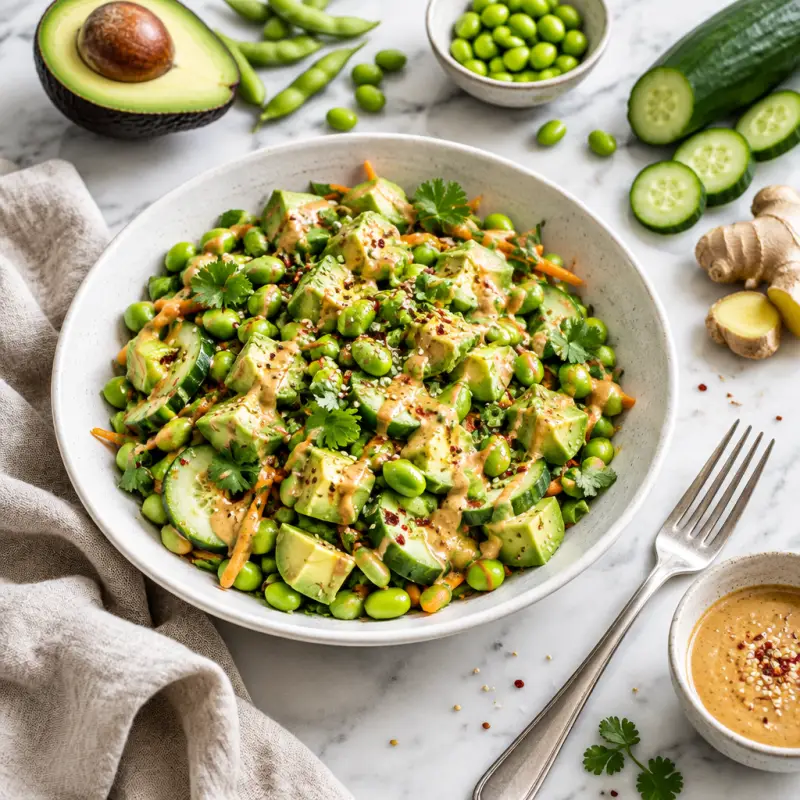 Spicy Edamame Salad with Creamy Ginger-Peanut Dressing & Avocado, plated