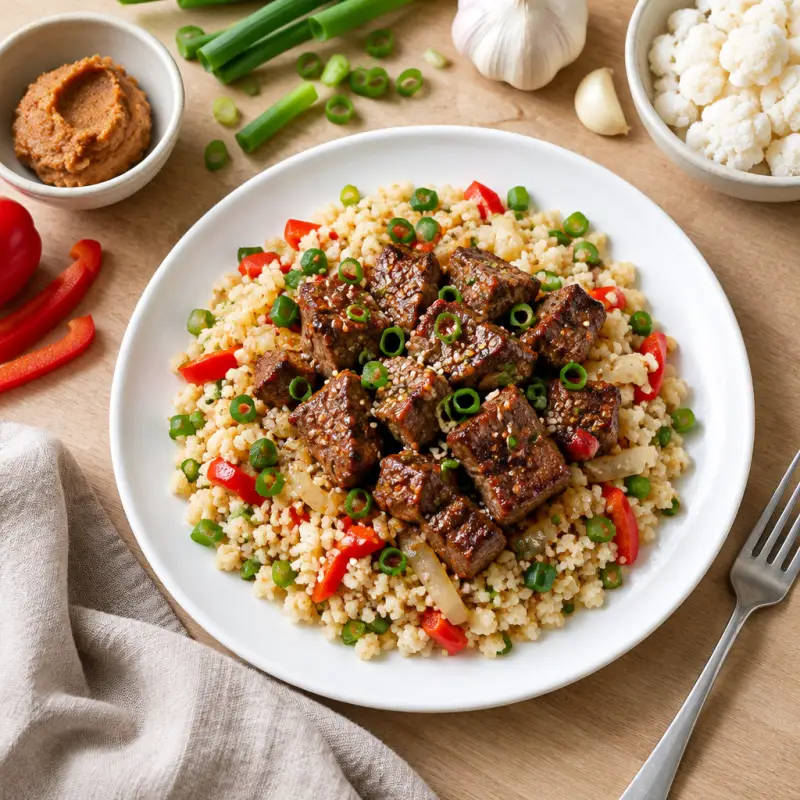 Spicy Garlic-Miso Steak Bites with Pepper & Onion Cauliflower Rice, plated