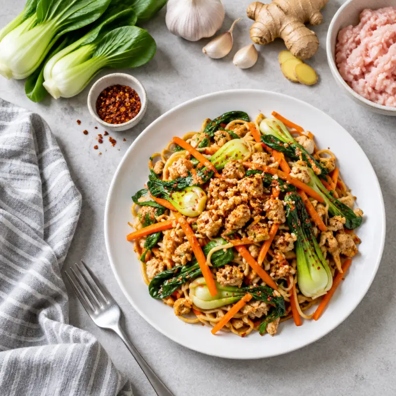 Spicy Ginger Chicken Stir-Fry with Noodles, Carrots & Bok Choy, plated