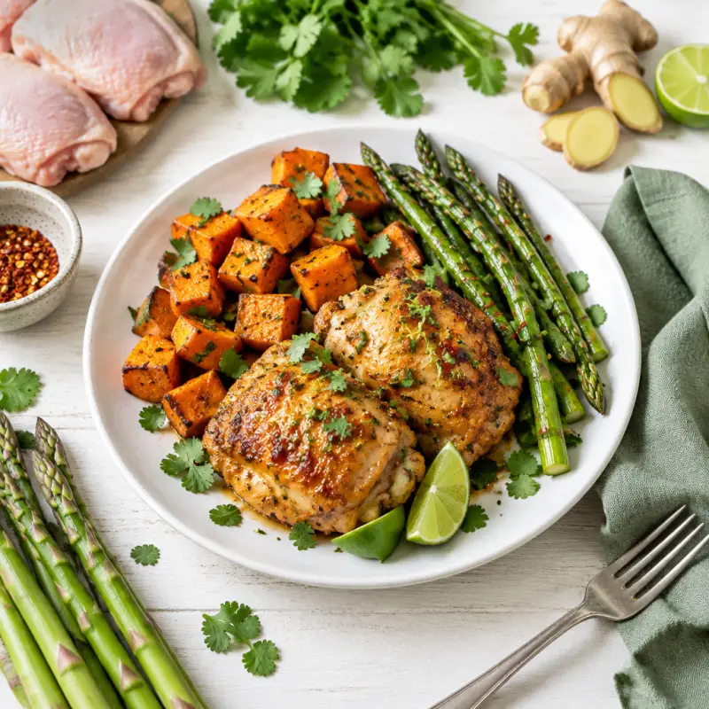 Spicy Ginger-Lime Chicken Thighs with Sweet Potatoes & Asparagus, plated