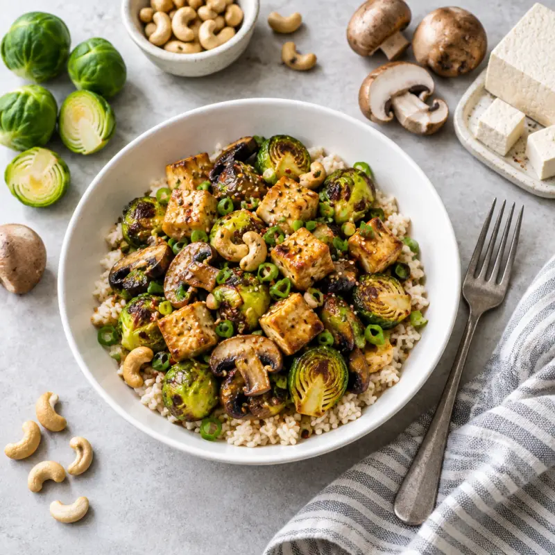 Spicy Ginger-Soy Rice Bowl with Tofu, Mushrooms & Brussels Sprouts, plated