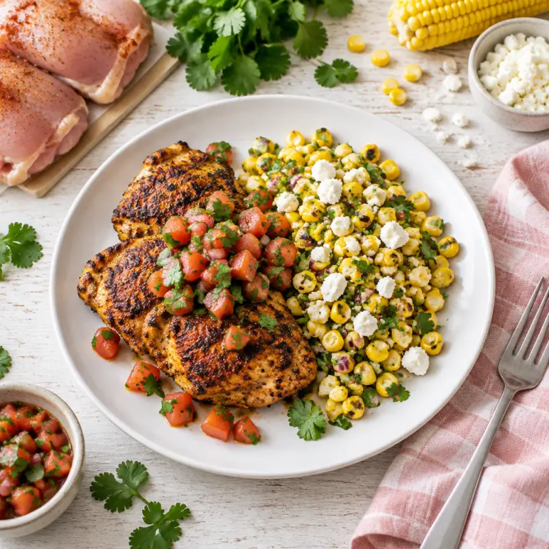 Spicy Grilled Chicken with Tomato-Cilantro Salsa & Mexican Corn Salad, plated