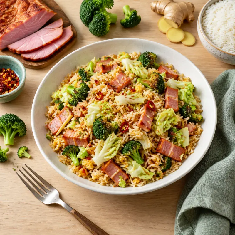 Spicy Ham Fried Rice with Broccoli, Cabbage & Ginger, plated