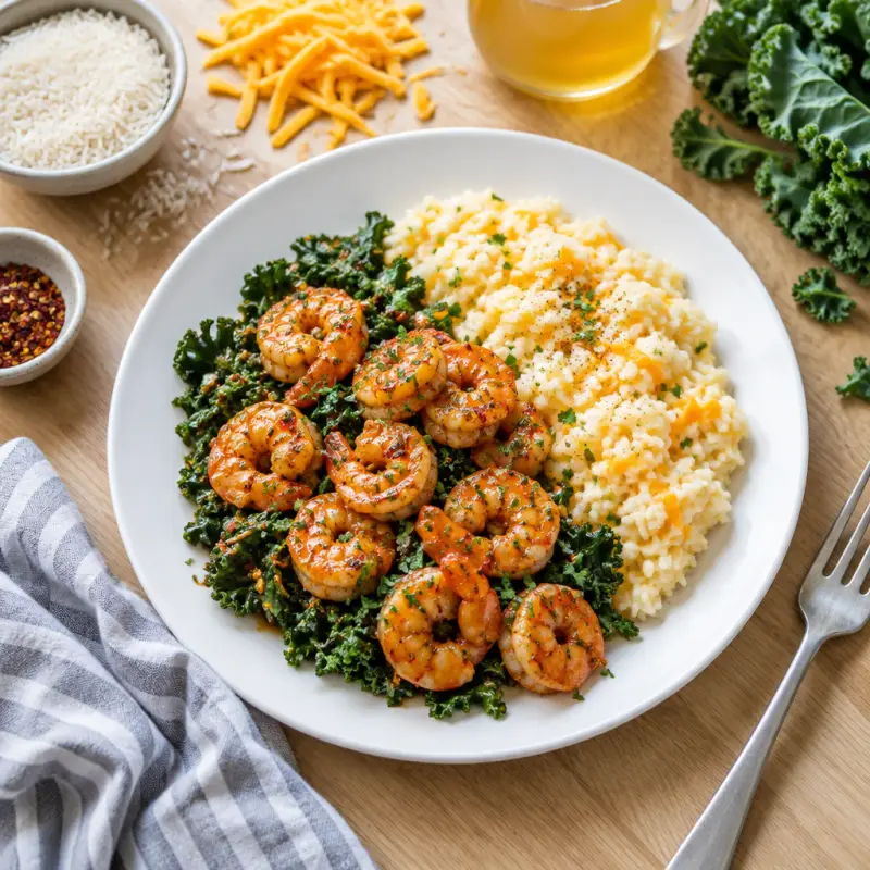 Spicy Honey Butter Shrimp with Sautéed Kale & Creamy Cheddar Rice, plated