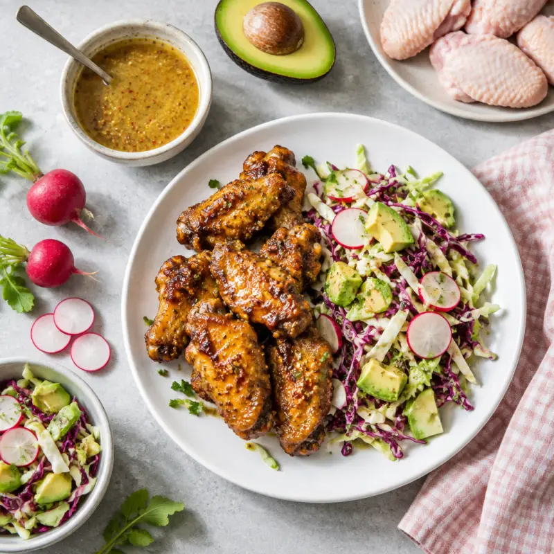 Spicy Honey Mustard Wings with Radish, Avocado & Cabbage Slaw, plated