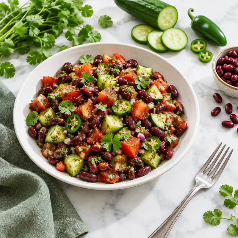 Spicy Indian-Style Kidney Bean Salad with Cucumber, Tomato & Cilantro, plated