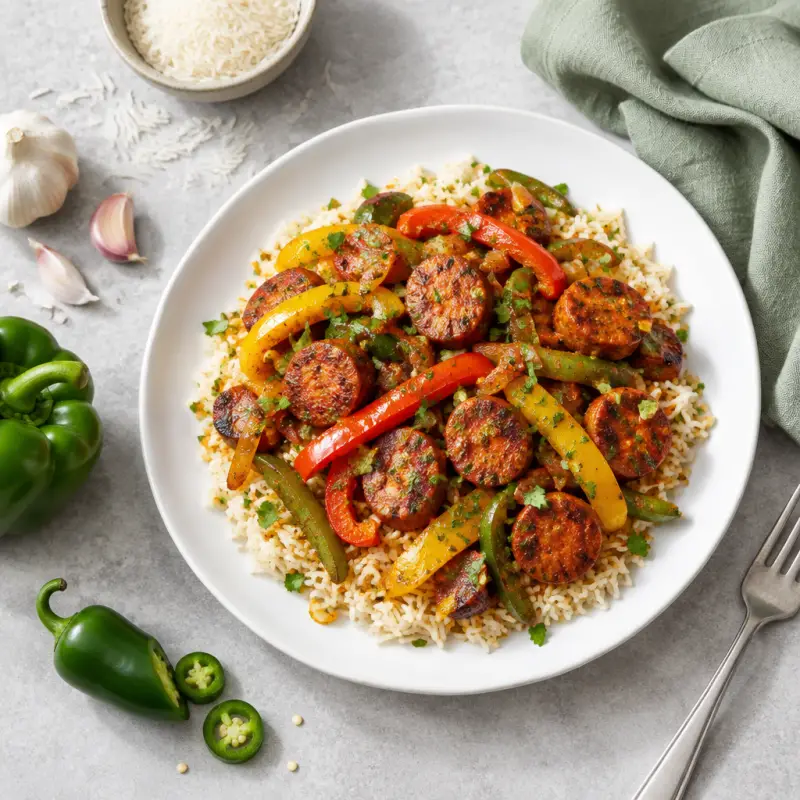 Spicy Italian Sausage & Mixed Pepper Skillet with Rice, plated