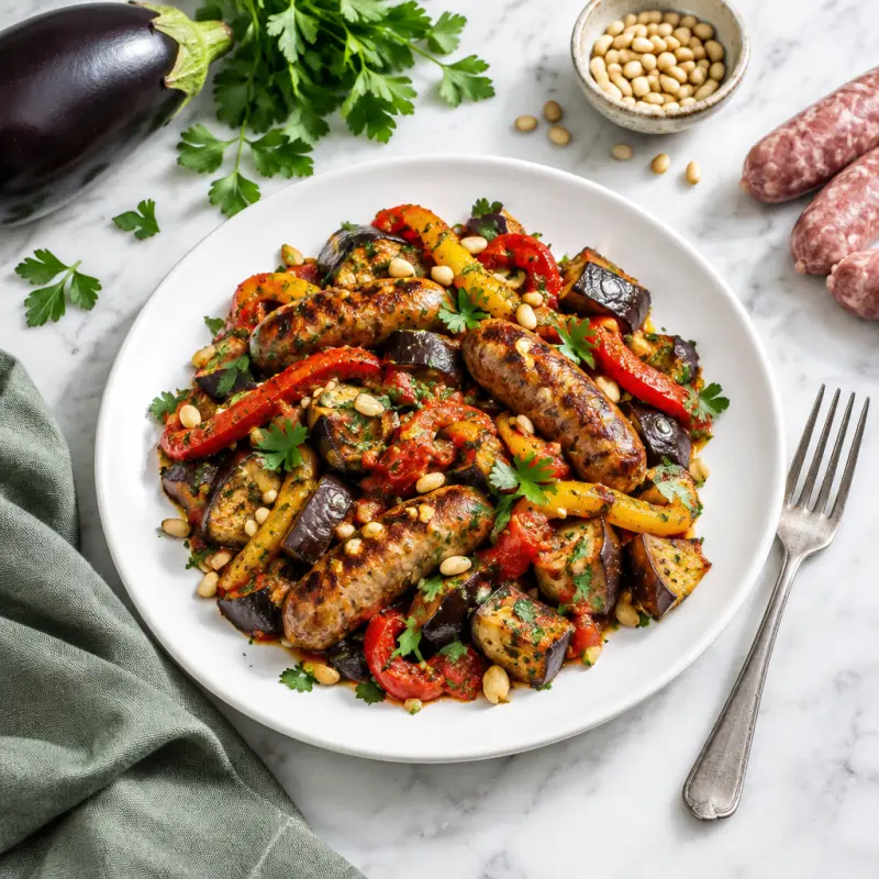 Spicy Italian-Style Sausage Bake with Peppers, Eggplant & Pine Nuts, plated