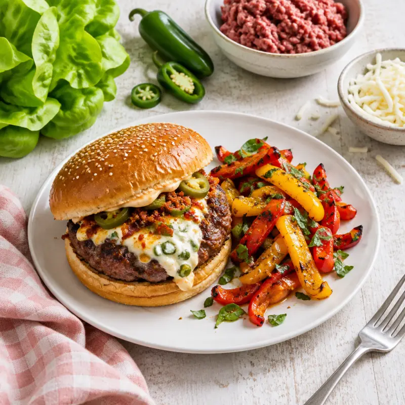 Spicy "Jalapeño Popper" Burger with Grilled Bell Pepper Salad, plated
