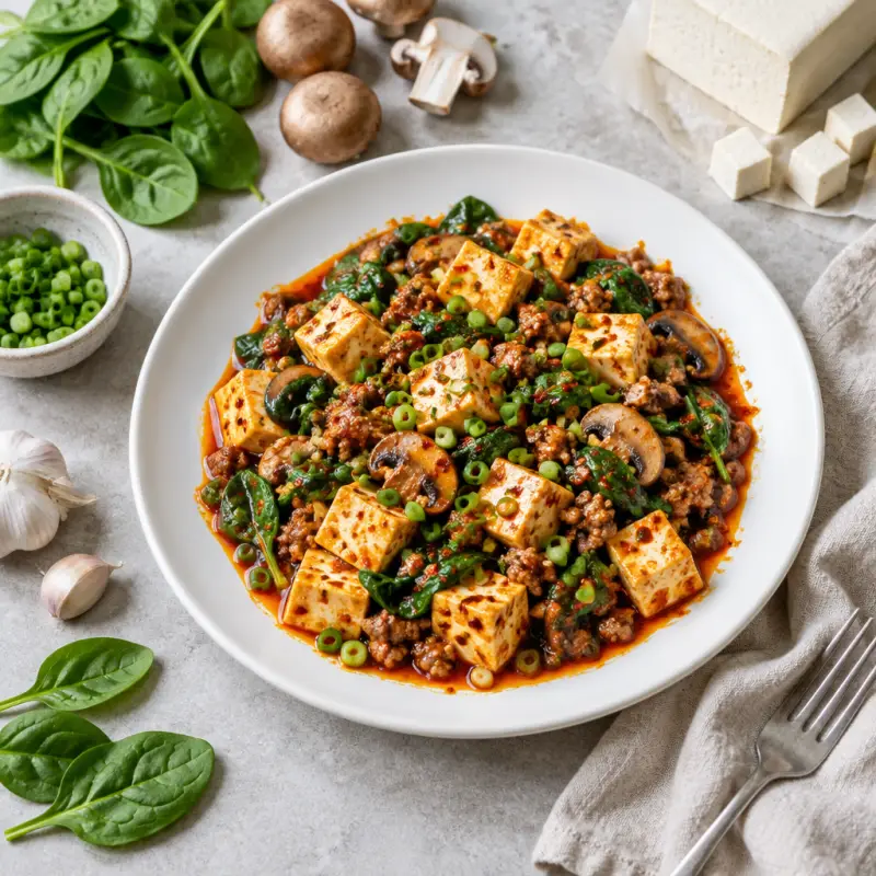Spicy Mapo Tofu with Ground Pork, Mushrooms, Spinach & Green Onion, plated