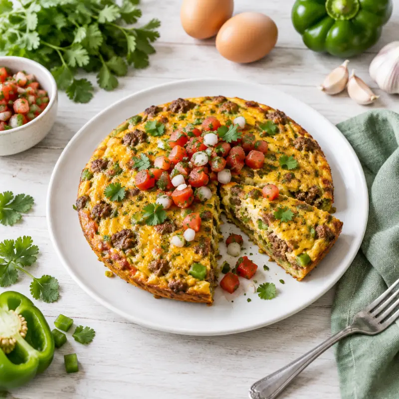 Spicy Mexican-Style Ground Beef Frittata with Pico de Gallo, plated