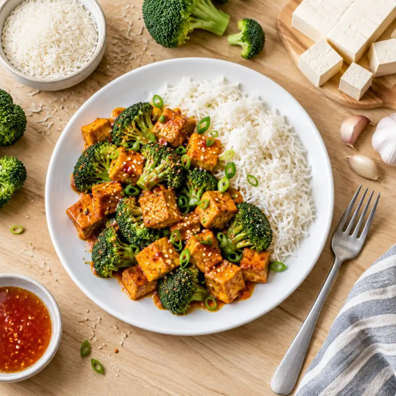 Spicy Orange Tofu & Broccoli with Basmati Rice, plated