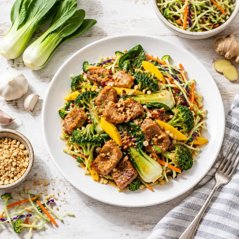 Spicy Peanut Pork Stir-Fry with Bok Choy, Mango & Broccoli Slaw, plated