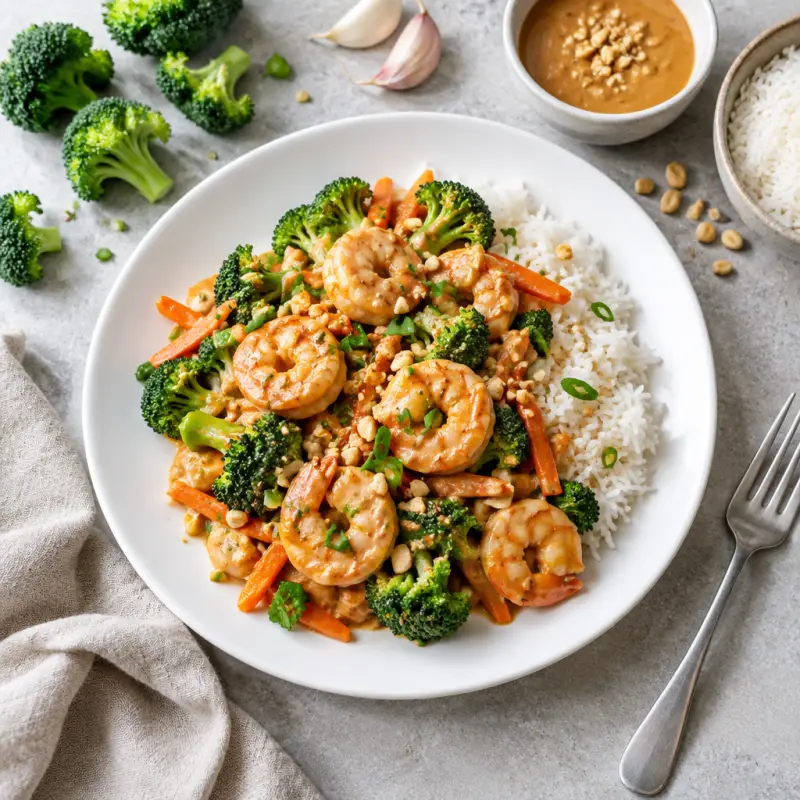 Spicy Peanut Shrimp Stir-Fry with Broccoli, Carrot & Rice, plated