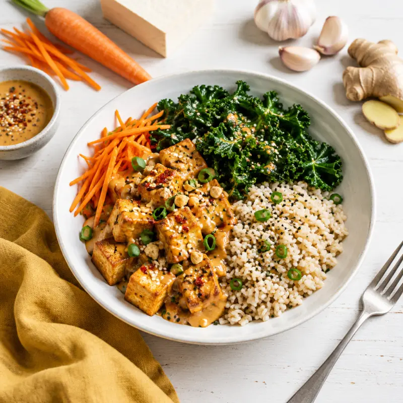 Spicy Peanut Tofu Bowl with Kale & Savory Sesame Rice, plated