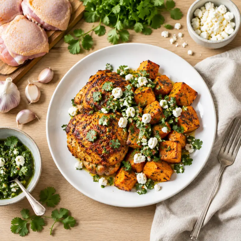 Spicy Peruvian Roast Chicken with Sweet Potatoes & Cilantro-Feta Salsa, plated