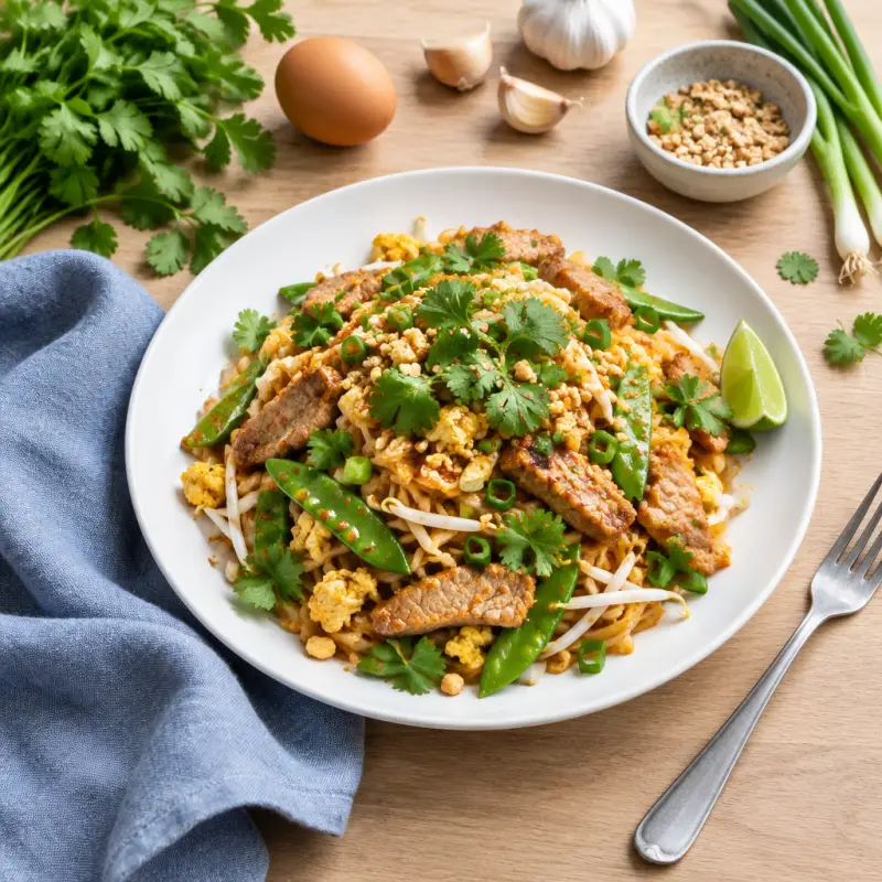 Spicy Pork Pad Thai with Sugar Peas, Lime & Cilantro, plated