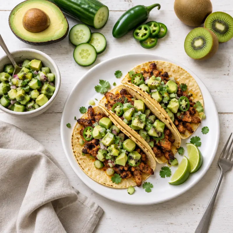 Spicy Pork Tacos with Kiwi, Cucumber & Avocado Salsa, plated