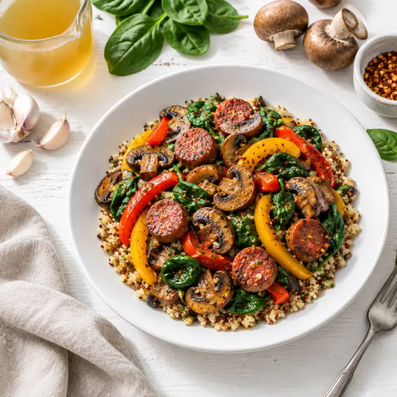 Spicy Sausage, Mushroom & Bell Pepper Quinoa Bowl with Wilted Spinach, plated