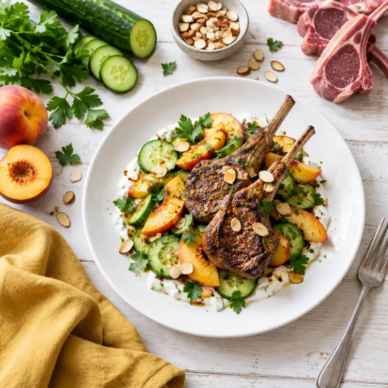 Spicy Seared Lamb Chops with Cucumbers, Peaches, Almonds & Yogurt, plated