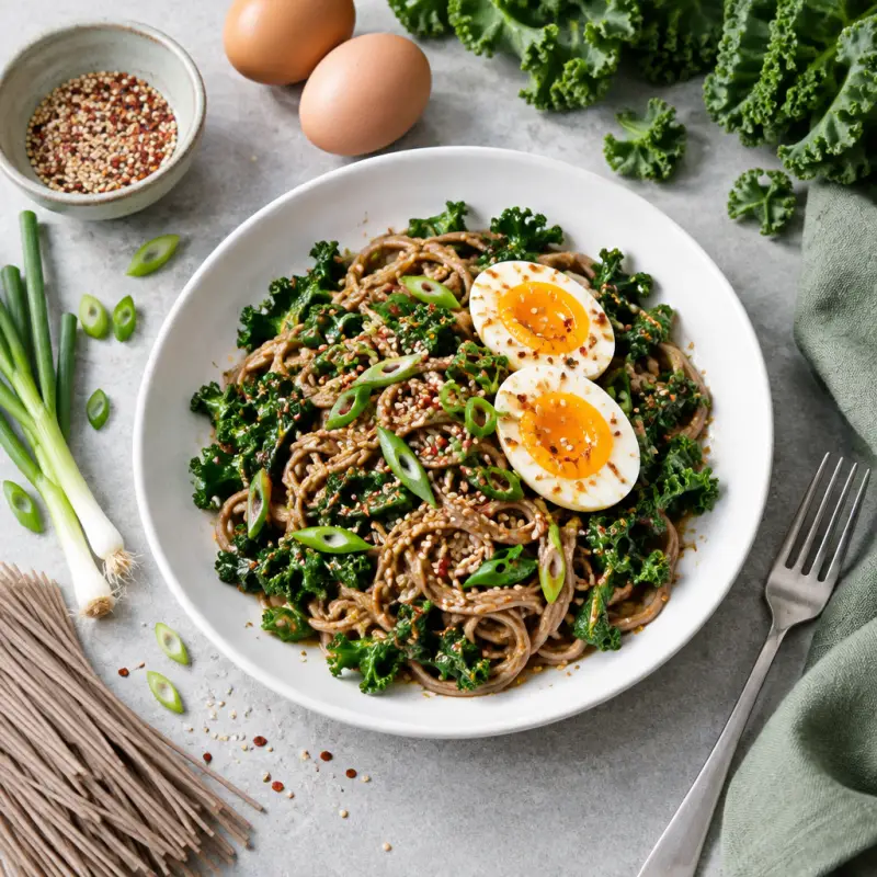 Spicy Sesame Soba Noodles with Kale, Green Onion & Soft-Boiled Eggs, plated