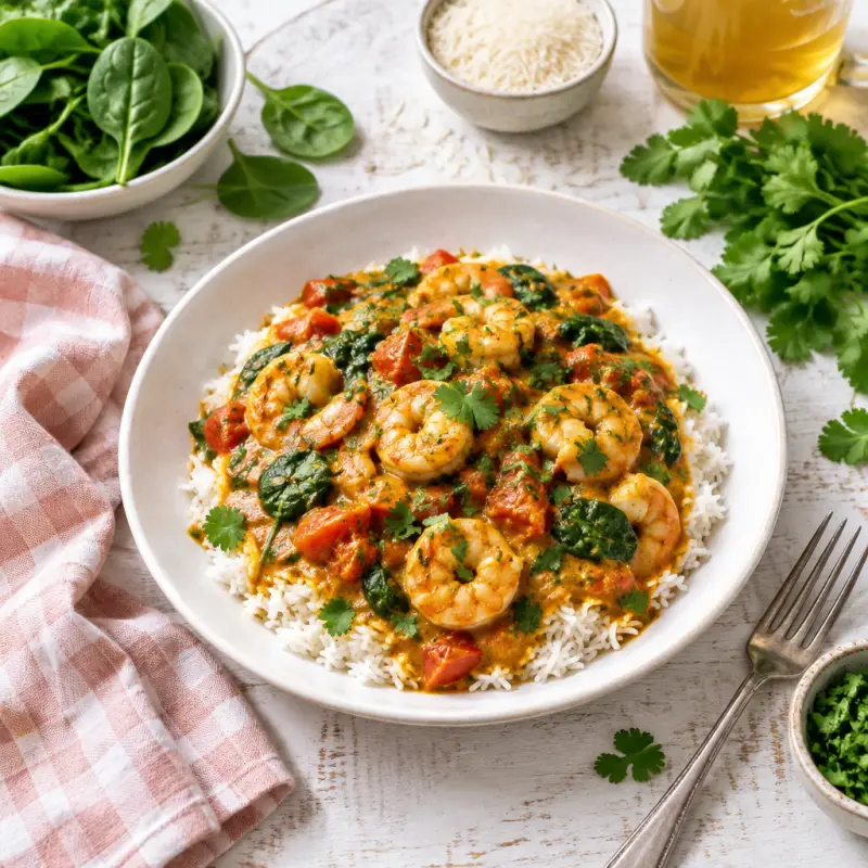 Spicy Shrimp Curry with Tomatoes, Spinach & Cilantro over Rice, plated