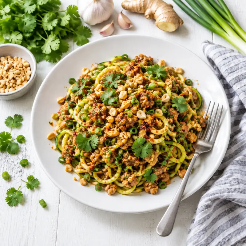 Spicy Sichuan-Style "Dan Dan" Zucchini Noodles with Pork & Peanuts, plated