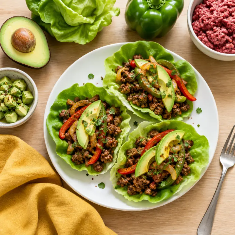 Spicy Taco Beef Lettuce Wraps with Fajita Peppers, Onions & Avocado, plated