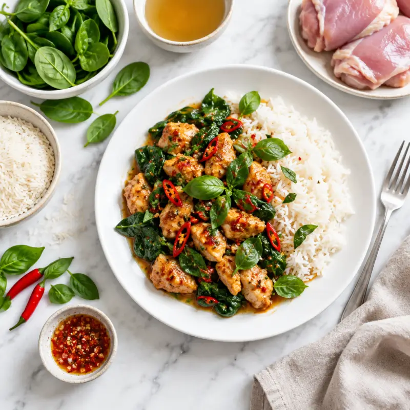 Spicy Thai Basil Chicken with Baby Spinach & Rice, plated