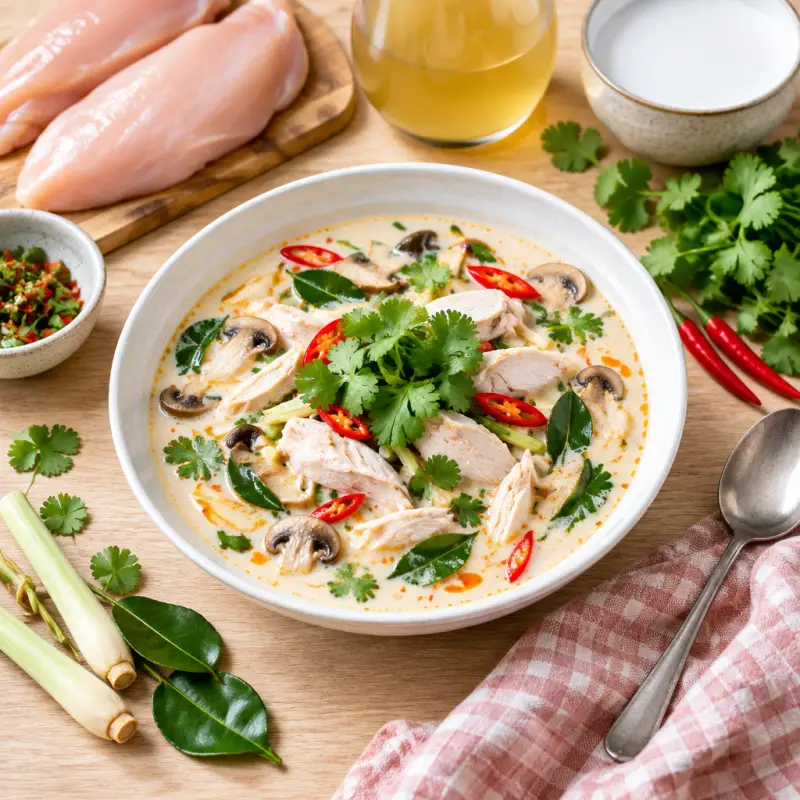 Spicy Thai Coconut Chicken Soup (Tom Kha Gai), plated