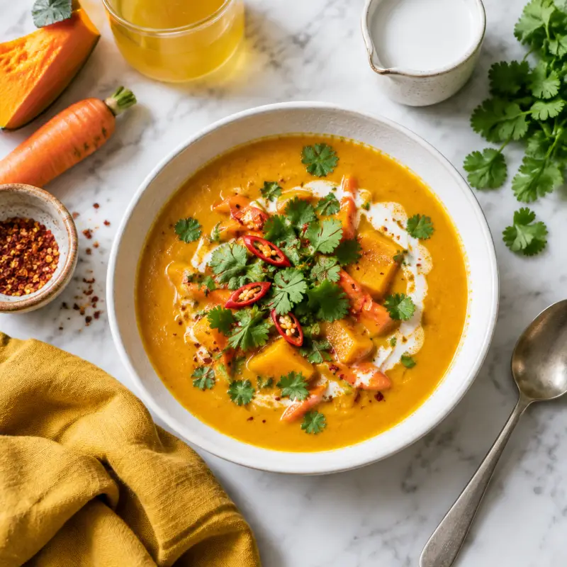 Spicy Thai Coconut Pumpkin Soup, plated