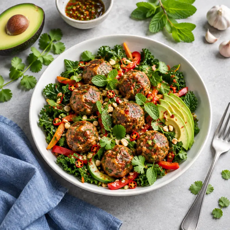 Spicy Thai-Inspired Meatball Salad with Kale, Peppers & Fresh Herbs, plated