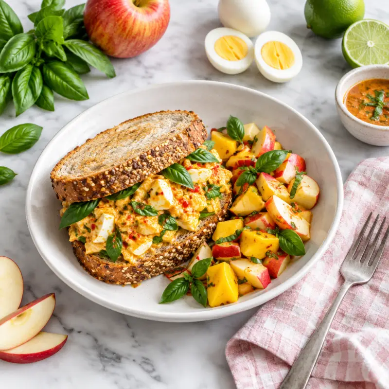 Spicy Thai Red Curry-Basil Egg Salad Sandwich with Apple Mango Medley, plated