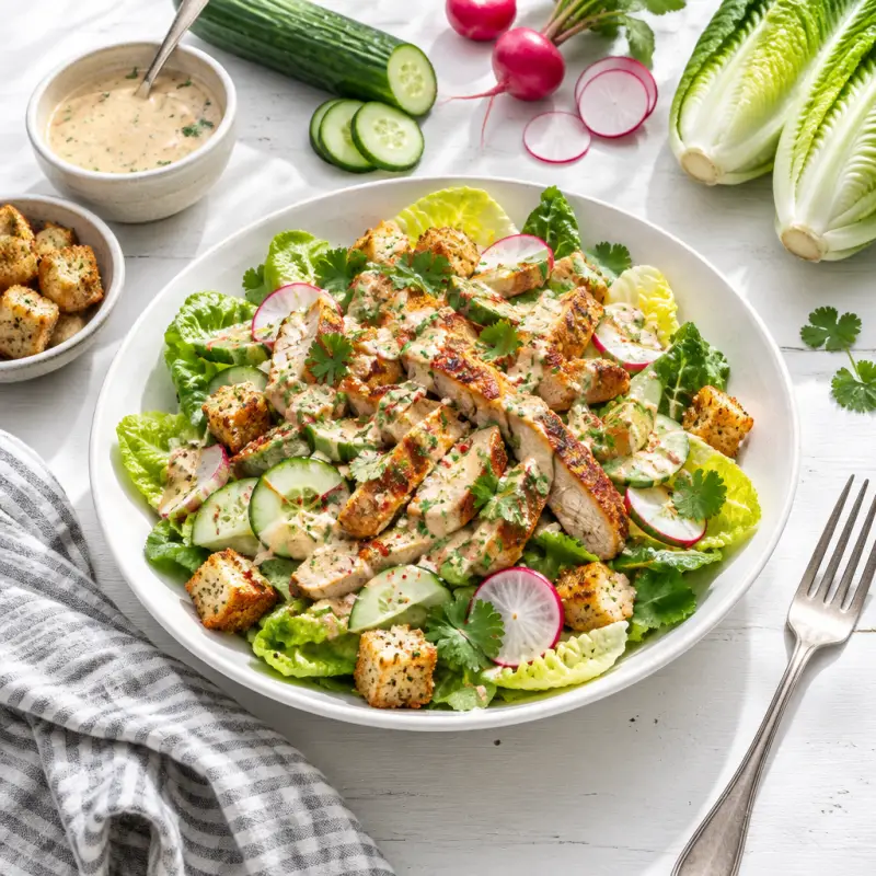 Spicy Thai-Style Chicken Caesar Salad with Cucumber, Radish & Croutons, plated
