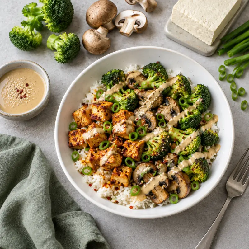 Spicy Tofu Rice Bowl with Broccoli, Mushrooms & Soy-Tahini Dressing, plated