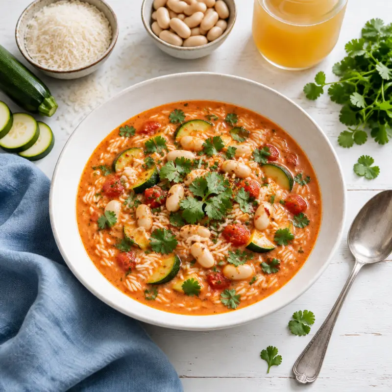 Spicy Tomato-Rice Coconut Cream Soup with Zucchini, Beans & Cilantro, plated