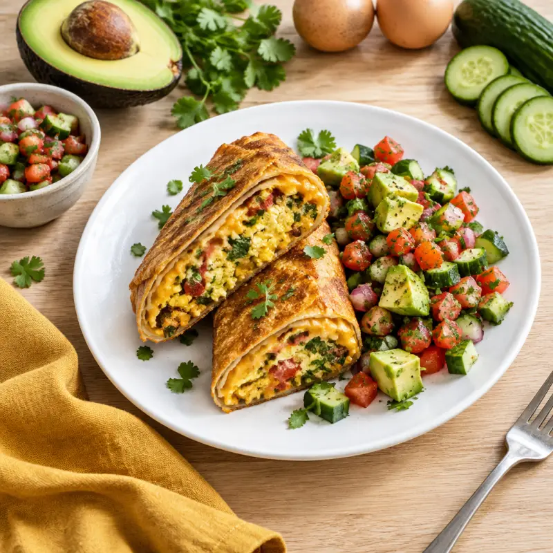 Spicy Tortilla Egg Roll with Avocado & Pico de Gallo Salad, plated