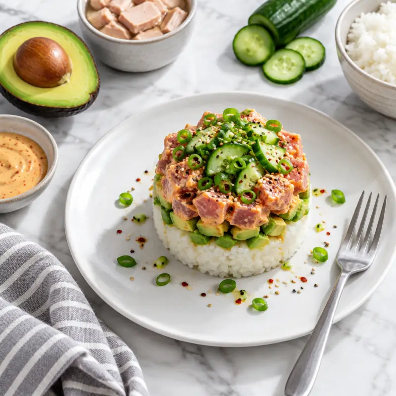 Spicy Tuna Sushi Stack with Sticky Rice & Avocado, plated