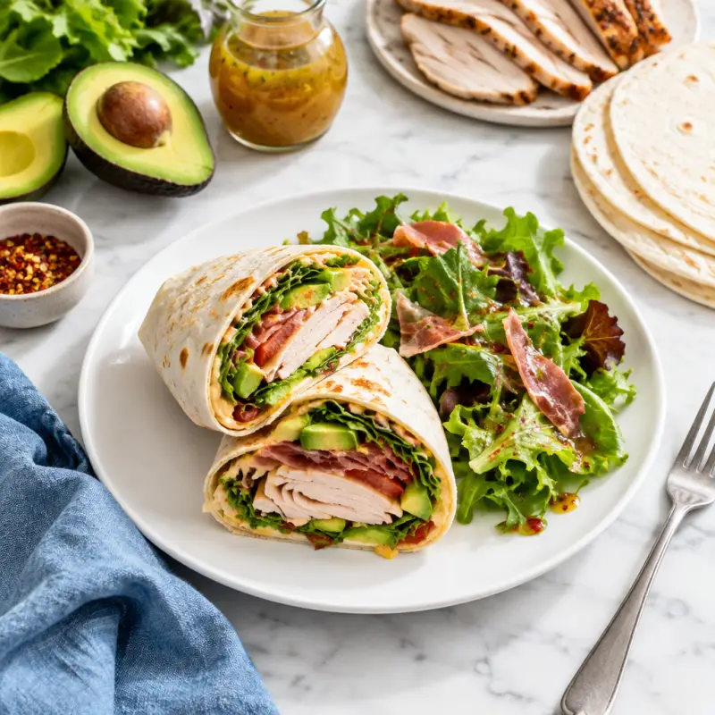 Spicy "Turkey Club" Wrap with Prosciutto & French Dressed Greens, plated