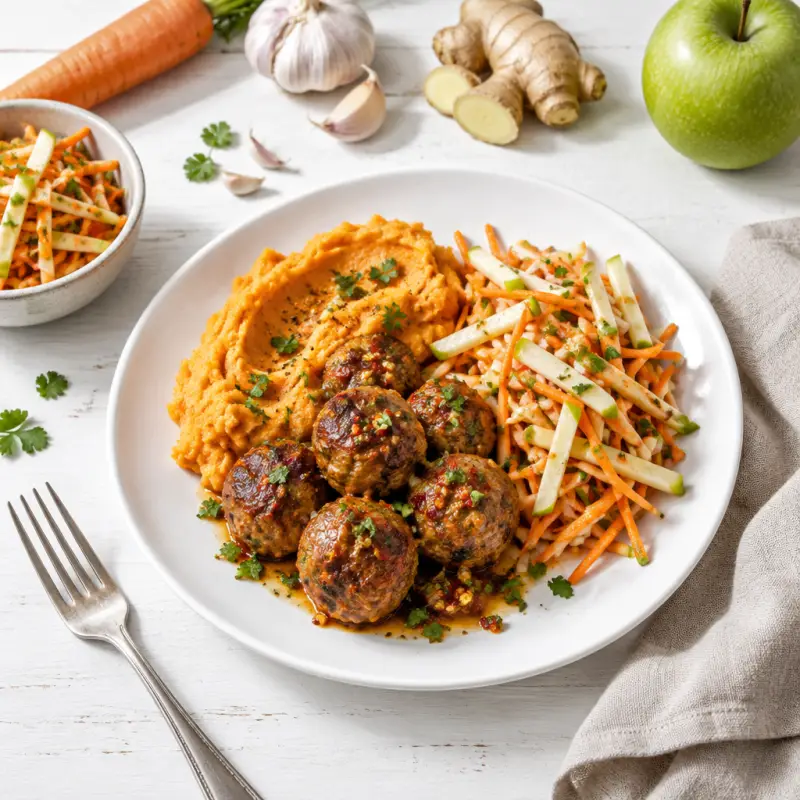 Spicy Turkey Meatballs with Mashed Sweet Potatoes & Apple-Carrot Slaw, plated