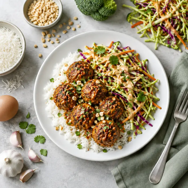 Spicy Turkey Meatballs with Peanut-Broccoli Slaw & Rice, plated