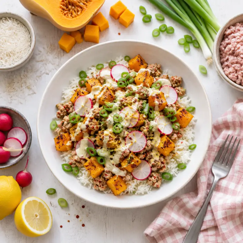Spicy Turkey Rice Bowl with Butternut Squash, Radish & Lemon Sauce, plated