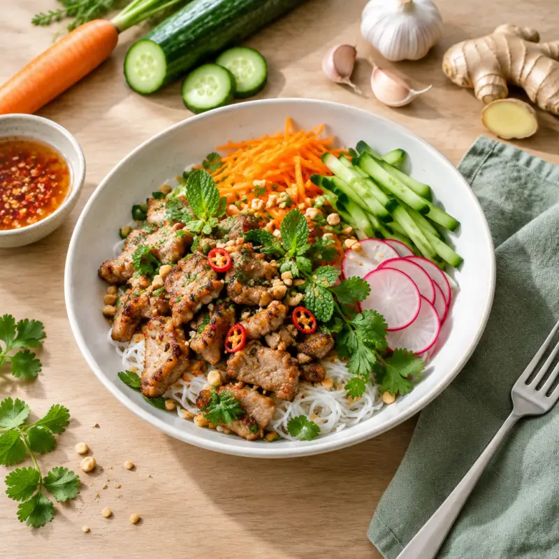 Spicy Vietnamese Pork Noodle Bowls with Carrot, Cucumber & Radish, plated