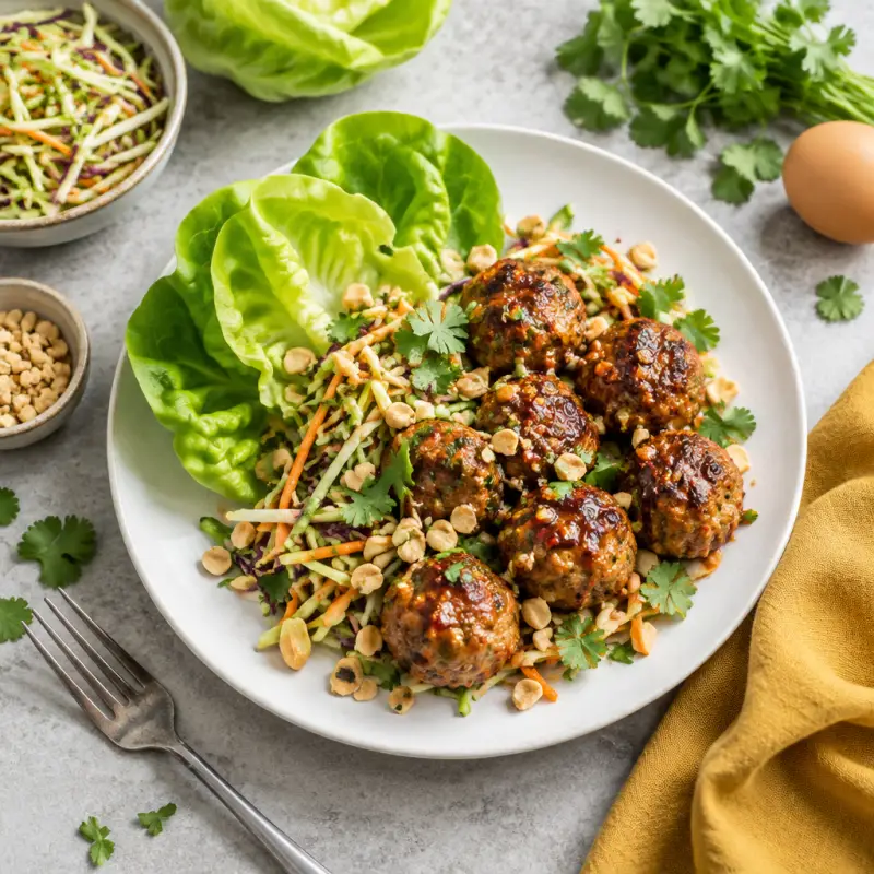 Spicy Vietnamese-Style Pork Meatballs with Broccoli Slaw & Peanuts, plated