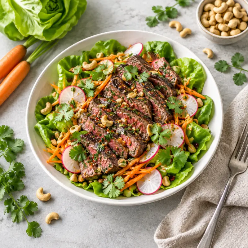 Spicy Vietnamese-Style Steak Salad with Carrots, Radishes & Cashews, plated